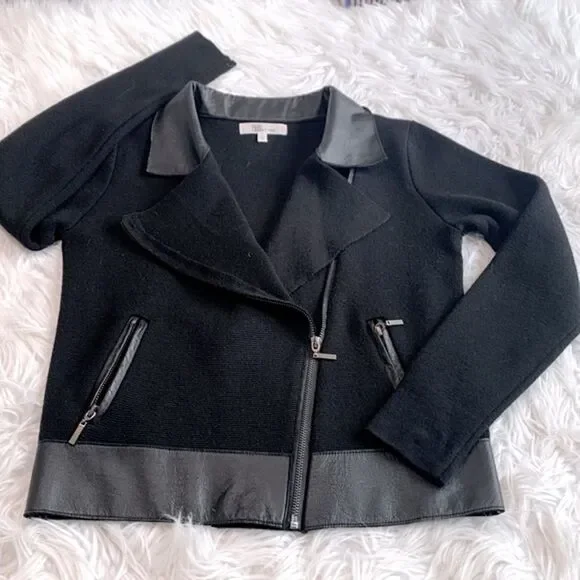 MY TRIBE wool blend Moto knit jacket leather trim full zip front zip pockets - Picture 2 of 11
